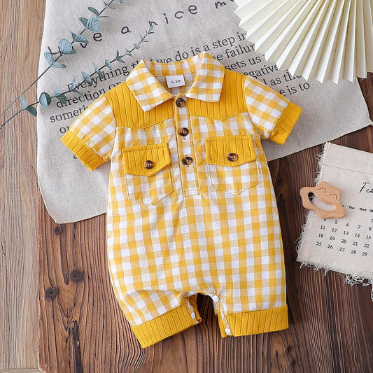 Summer Yellow Infant Baby Unisex Boys Girls Romper Plaid Print Short Sleeve Button Front Jumpsuit Daily Casual Clothes For 3 - 18M - Clothesfassion.store