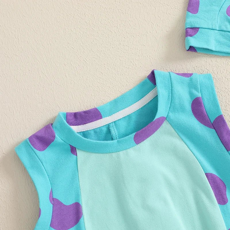 Toddler Baby Summer Outfits Print Sleeveless Round Neck Romper with Dinosaur Hat 2 Pcs Set - Clothesfassion.store
