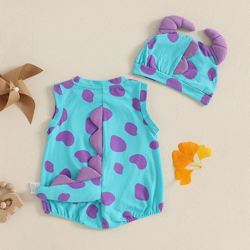 Toddler Baby Summer Outfits Print Sleeveless Round Neck Romper with Dinosaur Hat 2 Pcs Set - Clothesfassion.store