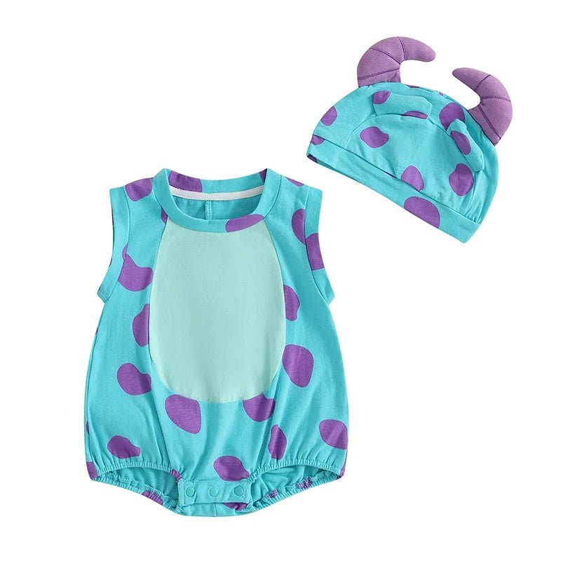 Toddler Baby Summer Outfits Print Sleeveless Round Neck Romper with Dinosaur Hat 2 Pcs Set - Clothesfassion.store