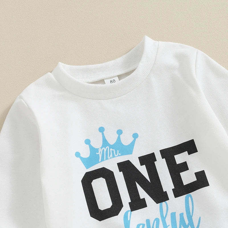 Toddler Boy 2 - Piece Birthday Suit Long Sleeve Crown Print Sweatshirt Pants Set Infant Clothing for Party - Clothesfassion.store