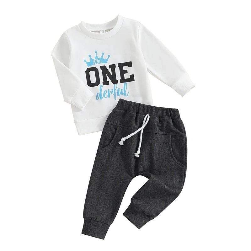 Toddler Boy 2 - Piece Birthday Suit Long Sleeve Crown Print Sweatshirt Pants Set Infant Clothing for Party - Clothesfassion.store
