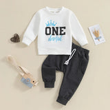 Toddler Boy 2 - Piece Birthday Suit Long Sleeve Crown Print Sweatshirt Pants Set Infant Clothing for Party - Clothesfassion.store