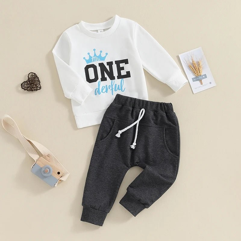 Toddler Boy 2 - Piece Birthday Suit Long Sleeve Crown Print Sweatshirt Pants Set Infant Clothing for Party - Clothesfassion.store