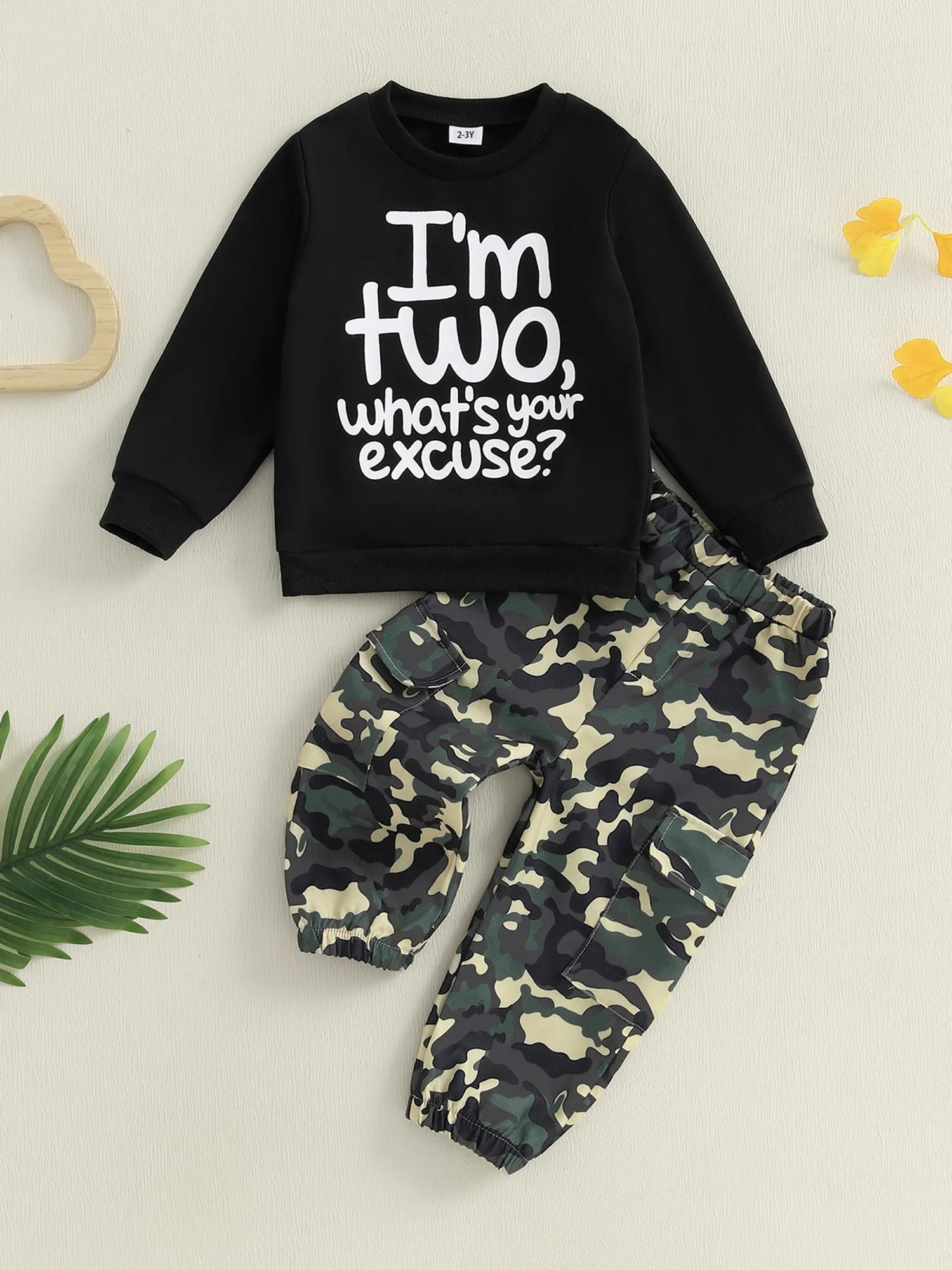 Toddler Boy Autumn Birthday Set with Letter Print Sweatshirt and Camo Pants Long Sleeve Outfit for Fall Celebration - Clothesfassion.store