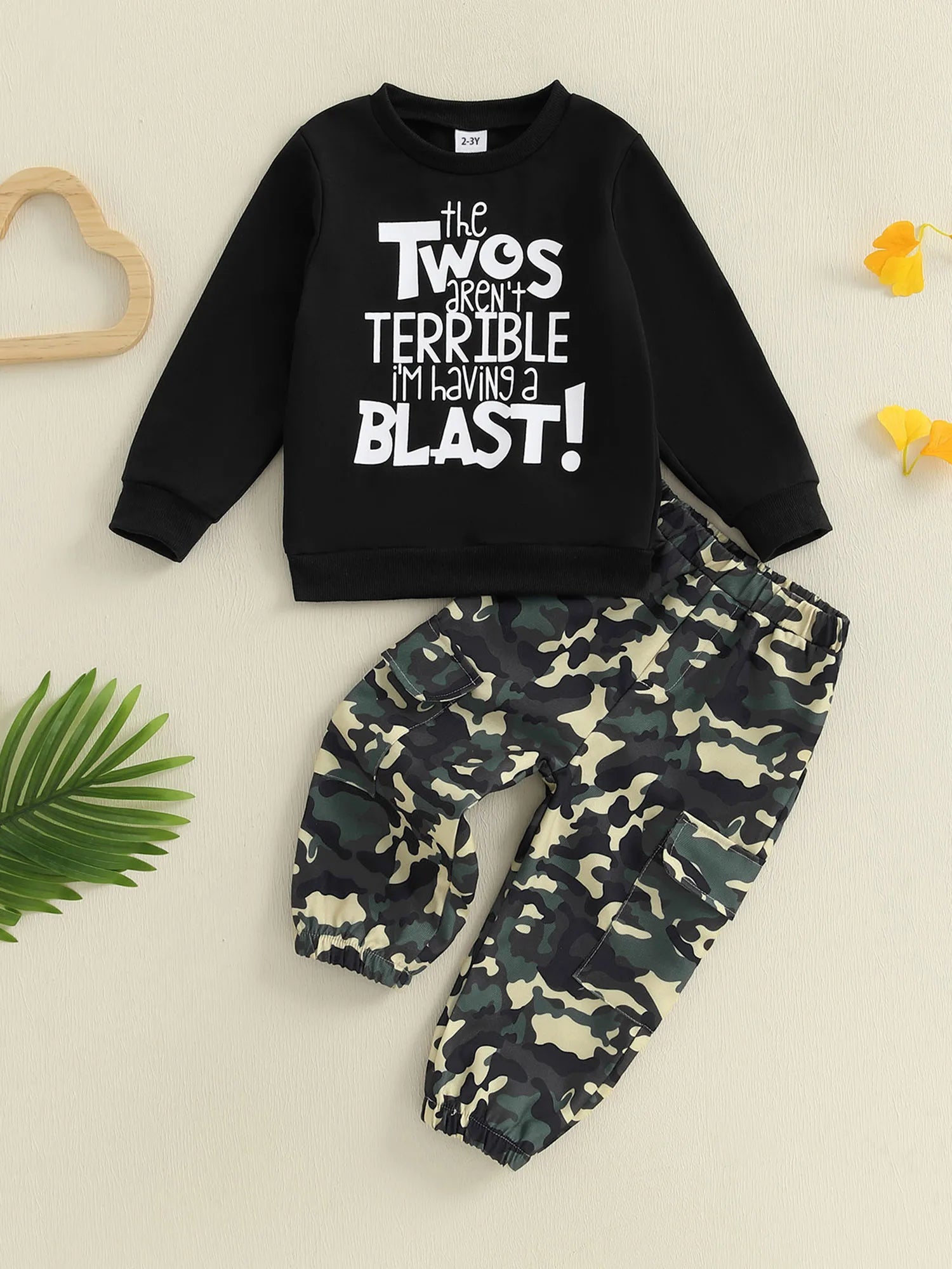 Toddler Boy Autumn Birthday Set with Letter Print Sweatshirt and Camo Pants Long Sleeve Outfit for Fall Celebration - Clothesfassion.store