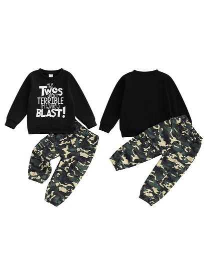 Toddler Boy Autumn Birthday Set with Letter Print Sweatshirt and Camo Pants Long Sleeve Outfit for Fall Celebration - Clothesfassion.store