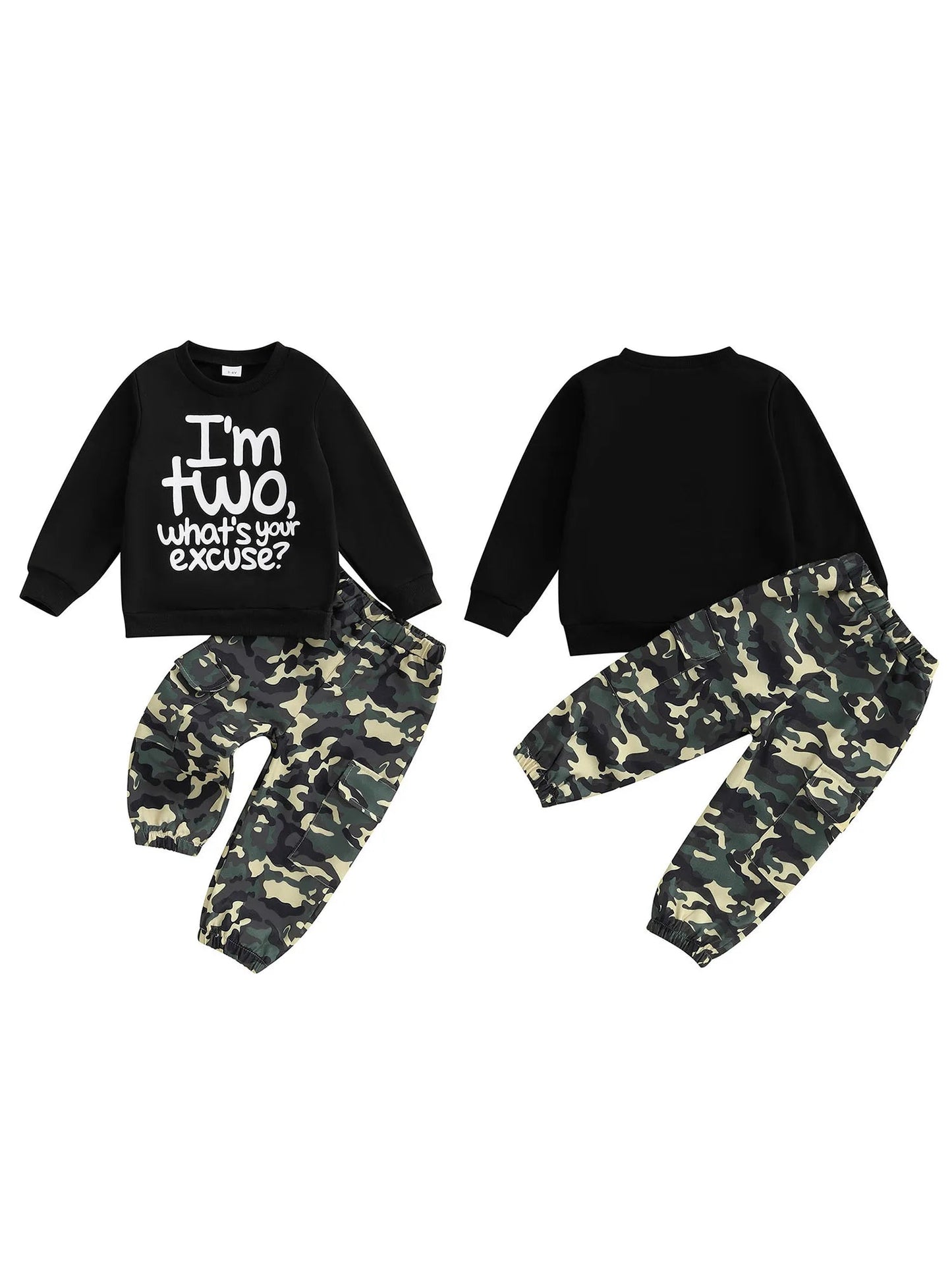 Toddler Boy Autumn Birthday Set with Letter Print Sweatshirt and Camo Pants Long Sleeve Outfit for Fall Celebration - Clothesfassion.store
