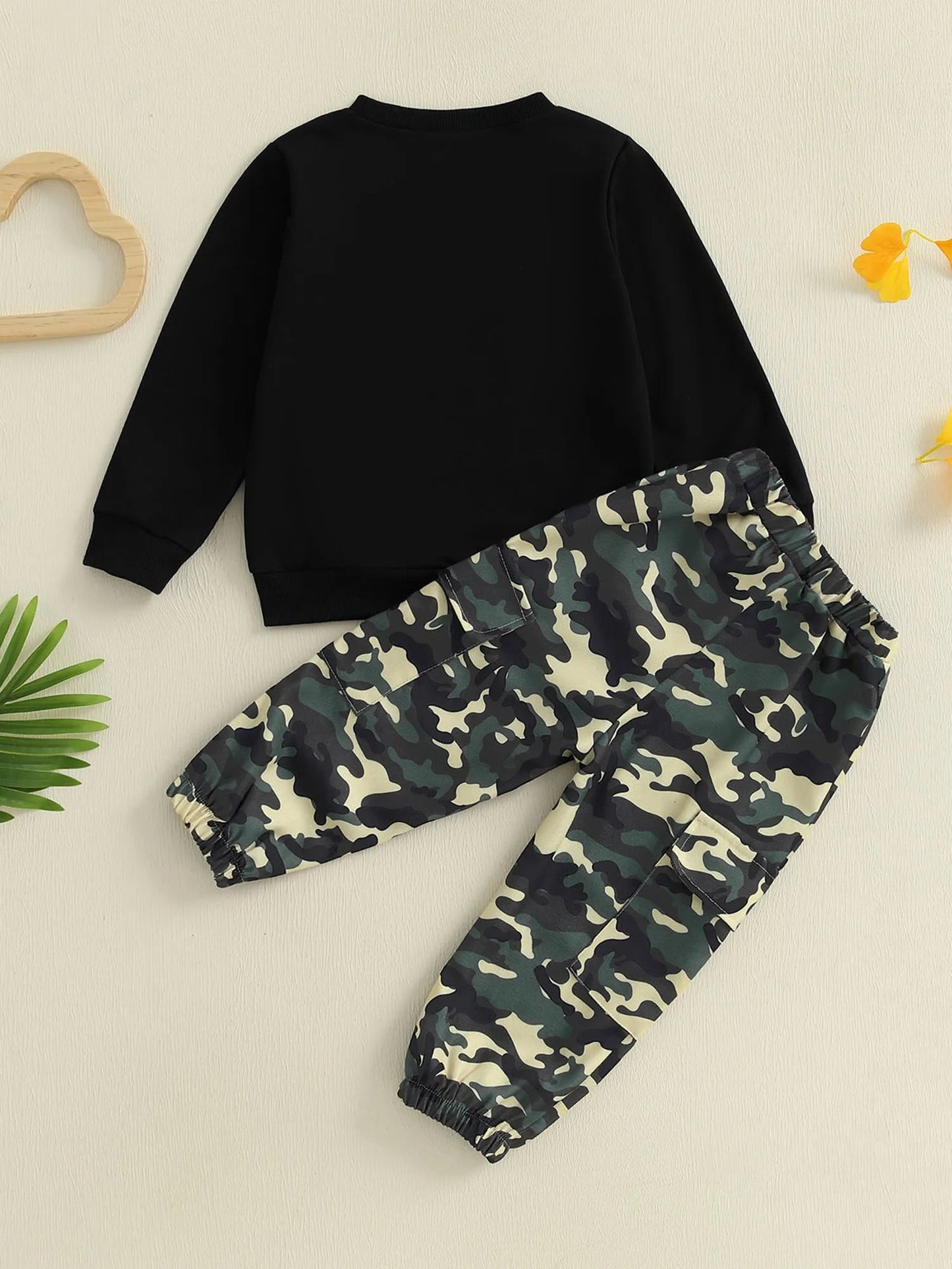 Toddler Boy Autumn Birthday Set with Letter Print Sweatshirt and Camo Pants Long Sleeve Outfit for Fall Celebration - Clothesfassion.store