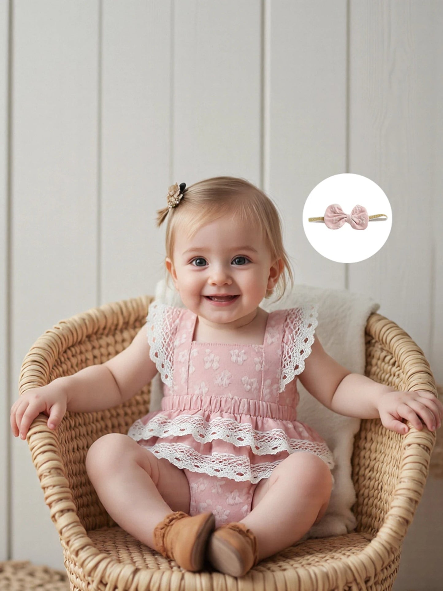 Toddler Girl Sleeveless Floral Print Romper Dress with Ruffle Hem and Matching Bow Headband for Summer Outfits - Clothesfassion.store