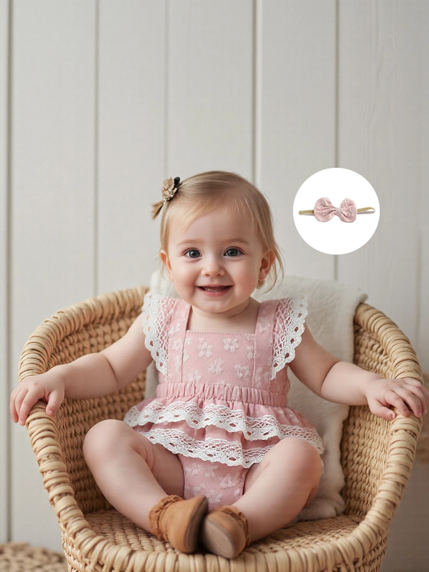 Toddler Girl Sleeveless Floral Print Romper Dress with Ruffle Hem and Matching Bow Headband for Summer Outfits - Clothesfassion.store