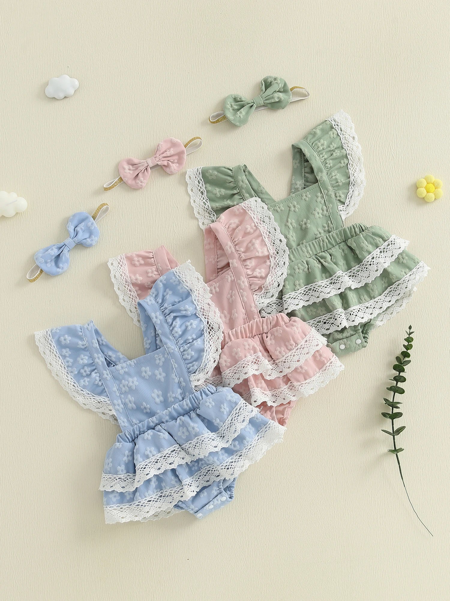 Toddler Girl Sleeveless Floral Print Romper Dress with Ruffle Hem and Matching Bow Headband for Summer Outfits - Clothesfassion.store
