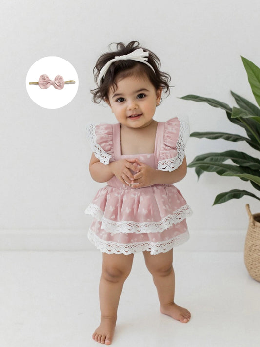 Toddler Girl Sleeveless Floral Print Romper Dress with Ruffle Hem and Matching Bow Headband for Summer Outfits - Clothesfassion.store