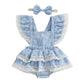Toddler Girl Sleeveless Floral Print Romper Dress with Ruffle Hem and Matching Bow Headband for Summer Outfits - Clothesfassion.store
