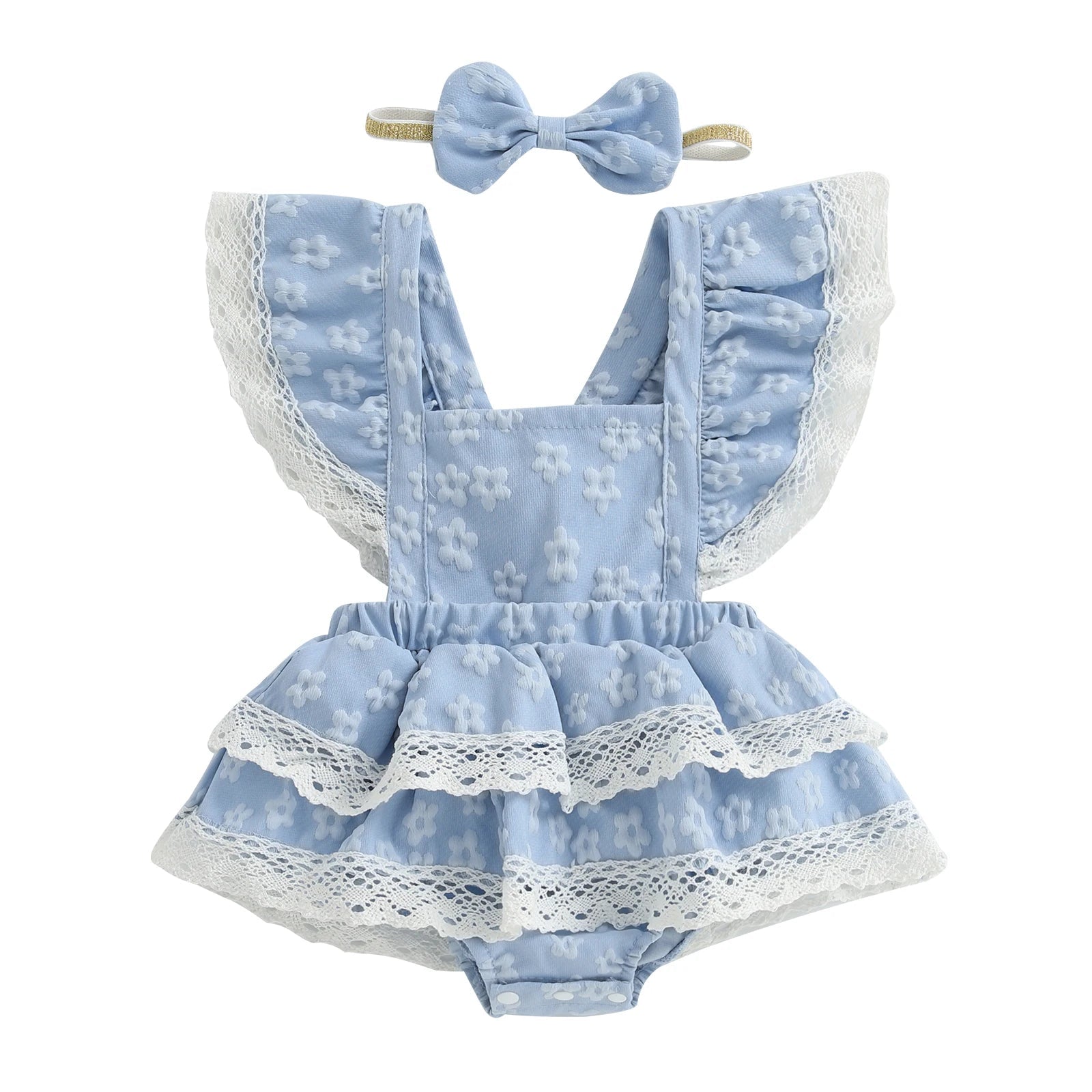 Toddler Girl Sleeveless Floral Print Romper Dress with Ruffle Hem and Matching Bow Headband for Summer Outfits - Clothesfassion.store