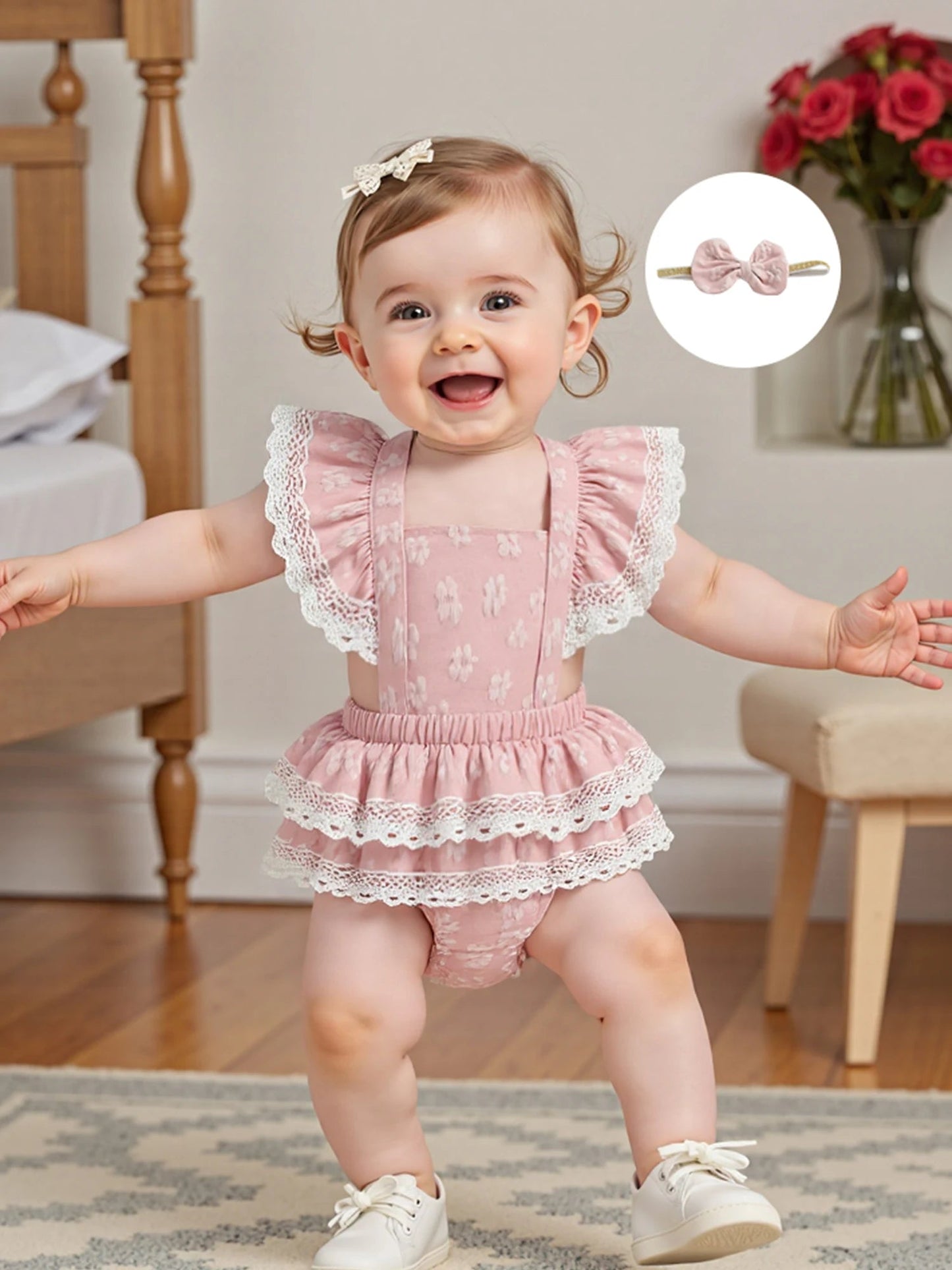 Toddler Girl Sleeveless Floral Print Romper Dress with Ruffle Hem and Matching Bow Headband for Summer Outfits - Clothesfassion.store