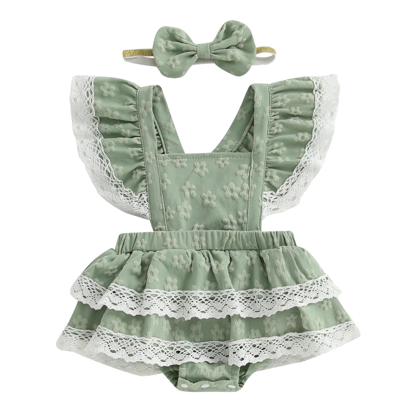 Toddler Girl Sleeveless Floral Print Romper Dress with Ruffle Hem and Matching Bow Headband for Summer Outfits - Clothesfassion.store