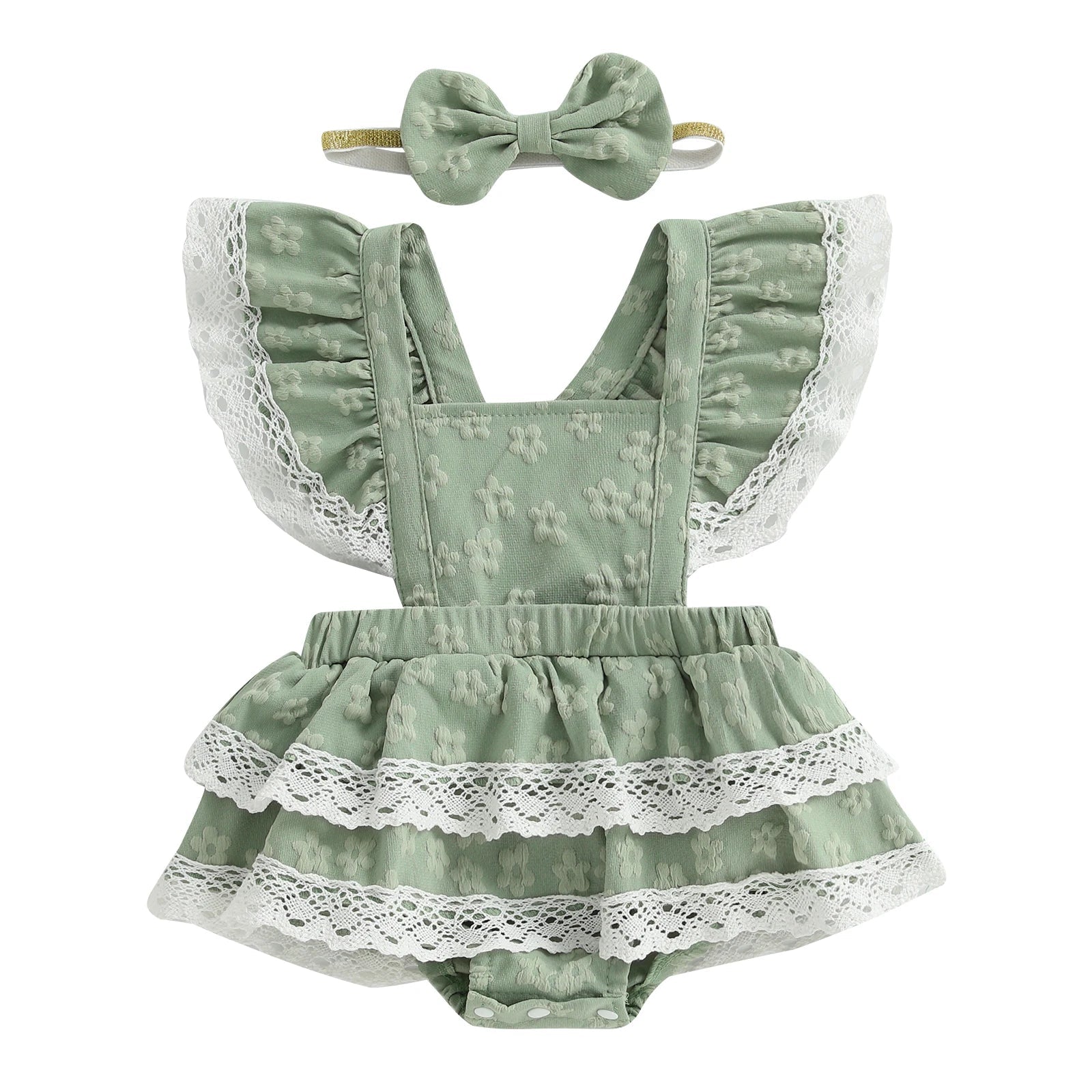 Toddler Girl Sleeveless Floral Print Romper Dress with Ruffle Hem and Matching Bow Headband for Summer Outfits - Clothesfassion.store
