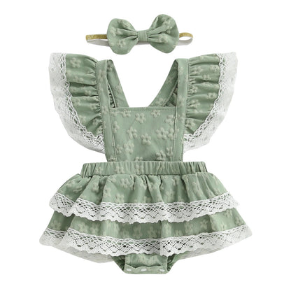 Toddler Girl Sleeveless Floral Print Romper Dress with Ruffle Hem and Matching Bow Headband for Summer Outfits - Clothesfassion.store