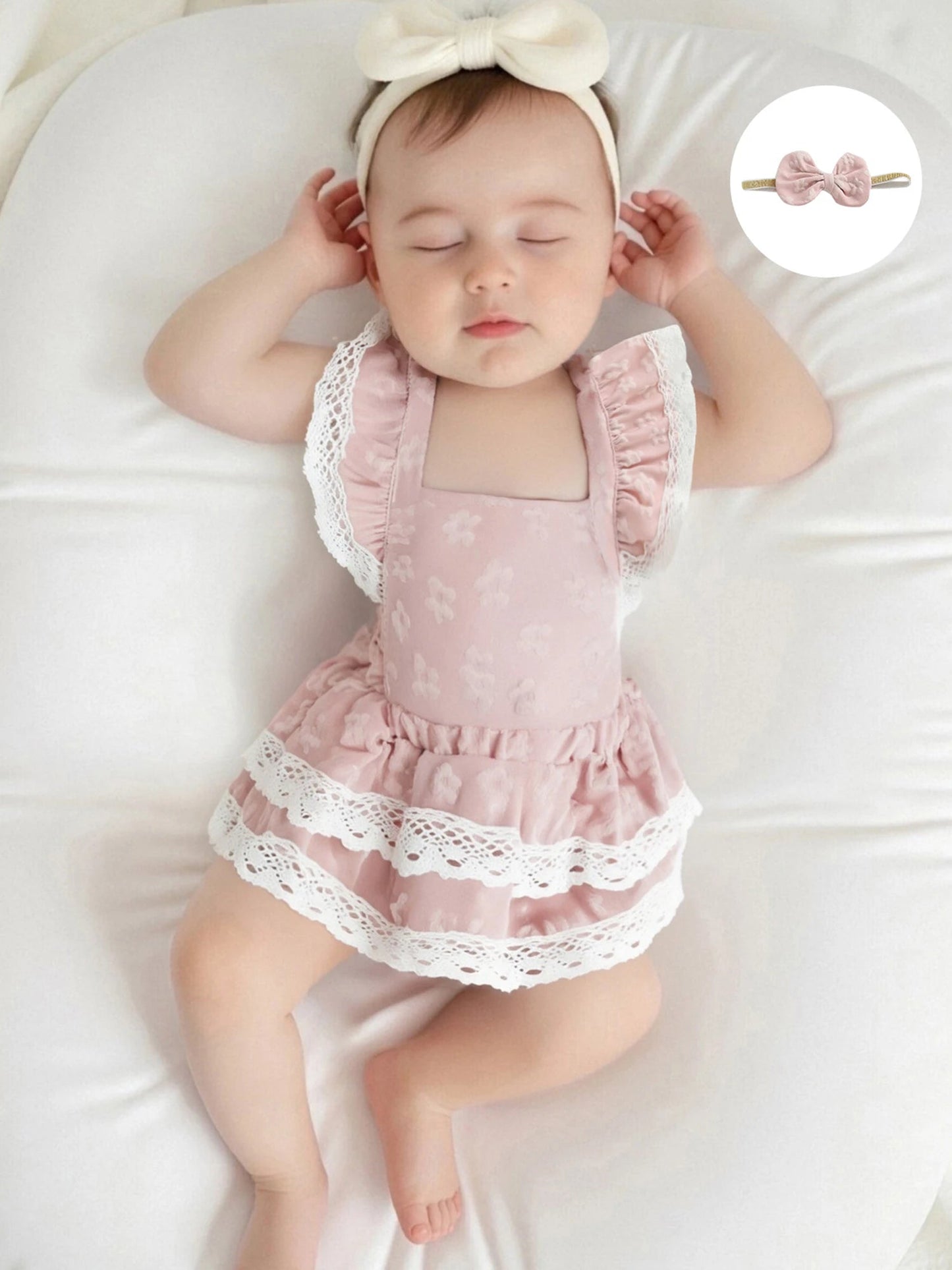 Toddler Girl Sleeveless Floral Print Romper Dress with Ruffle Hem and Matching Bow Headband for Summer Outfits - Clothesfassion.store