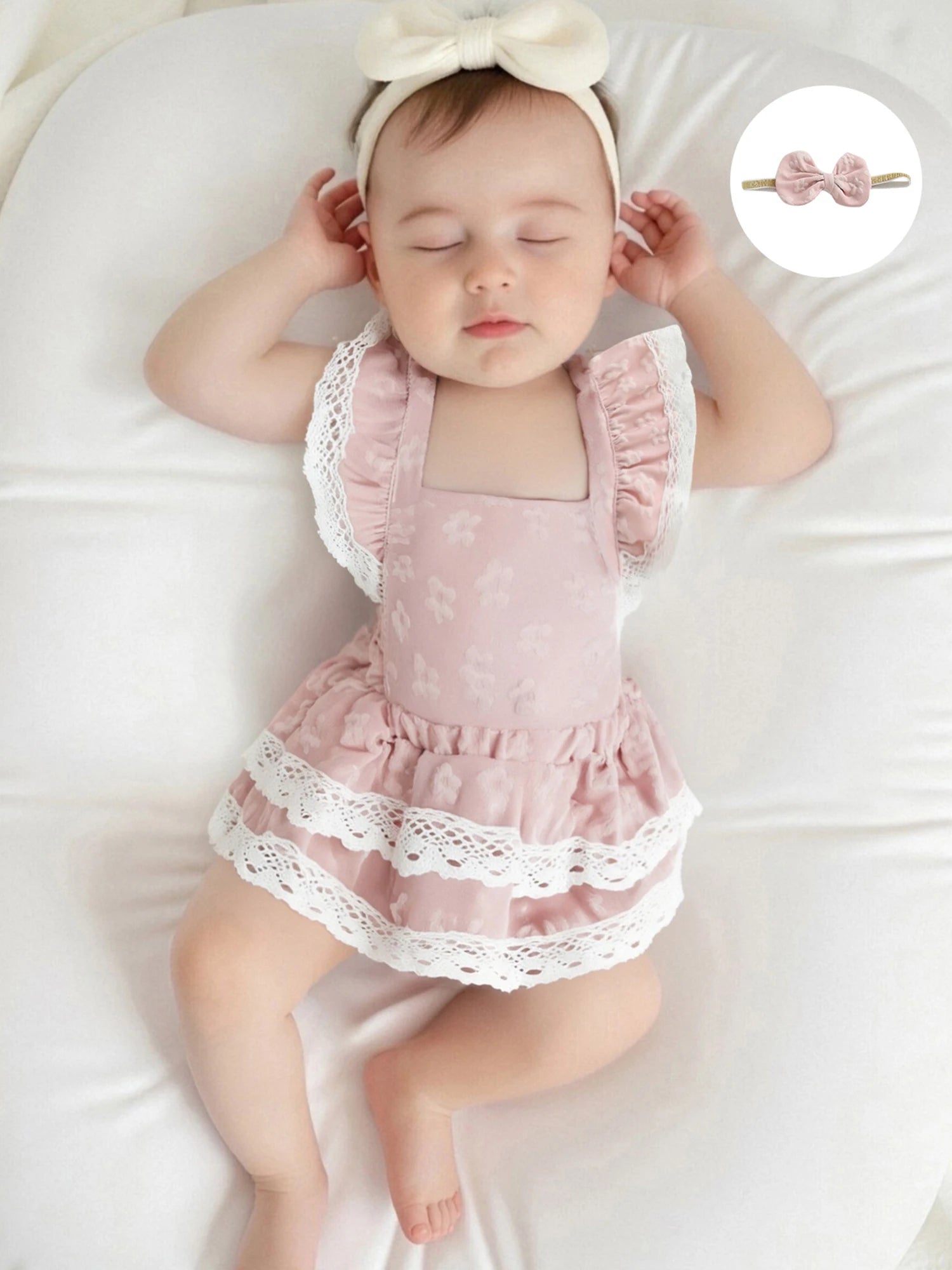 Toddler Girl Sleeveless Floral Print Romper Dress with Ruffle Hem and Matching Bow Headband for Summer Outfits - Clothesfassion.store