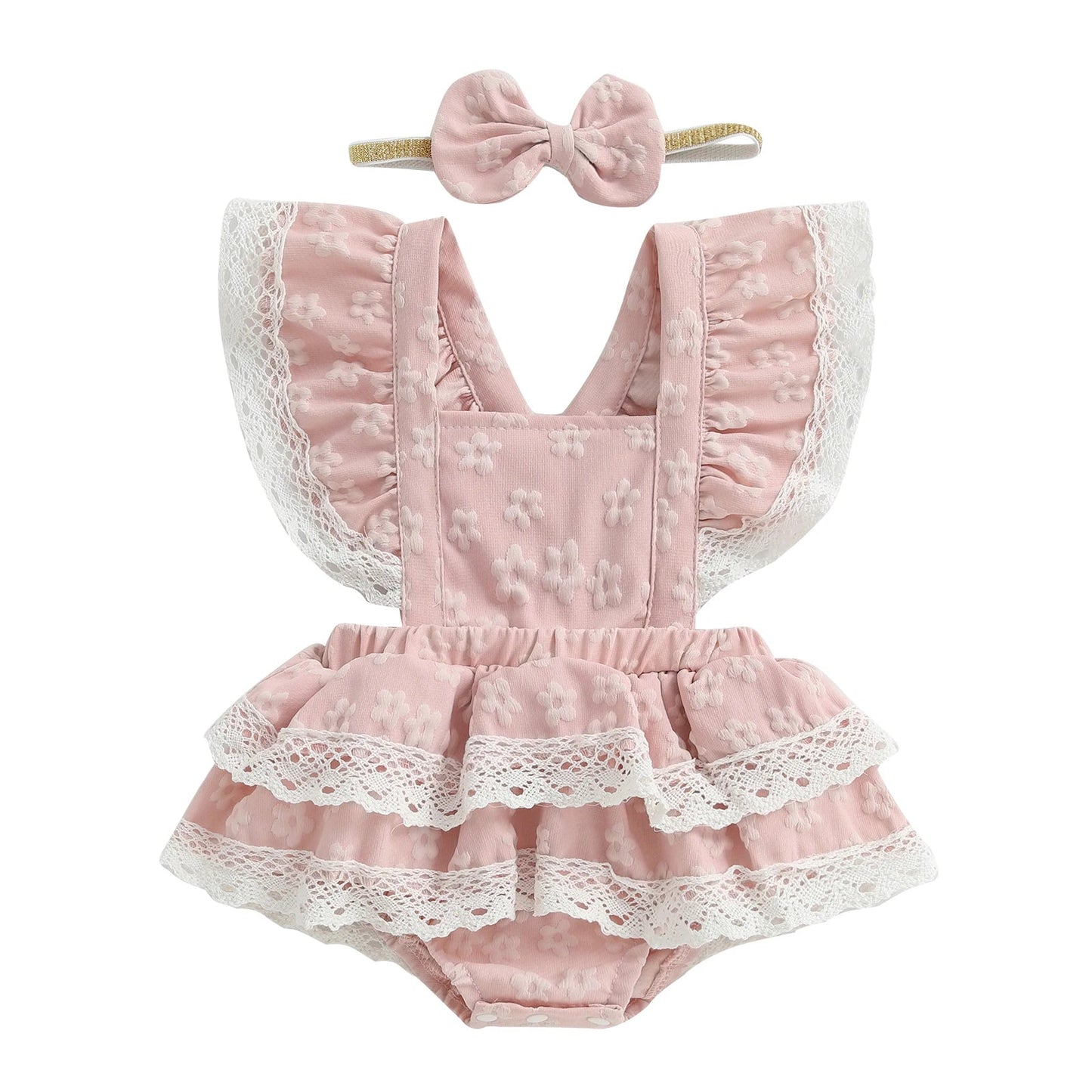 Toddler Girl Sleeveless Floral Print Romper Dress with Ruffle Hem and Matching Bow Headband for Summer Outfits - Clothesfassion.store