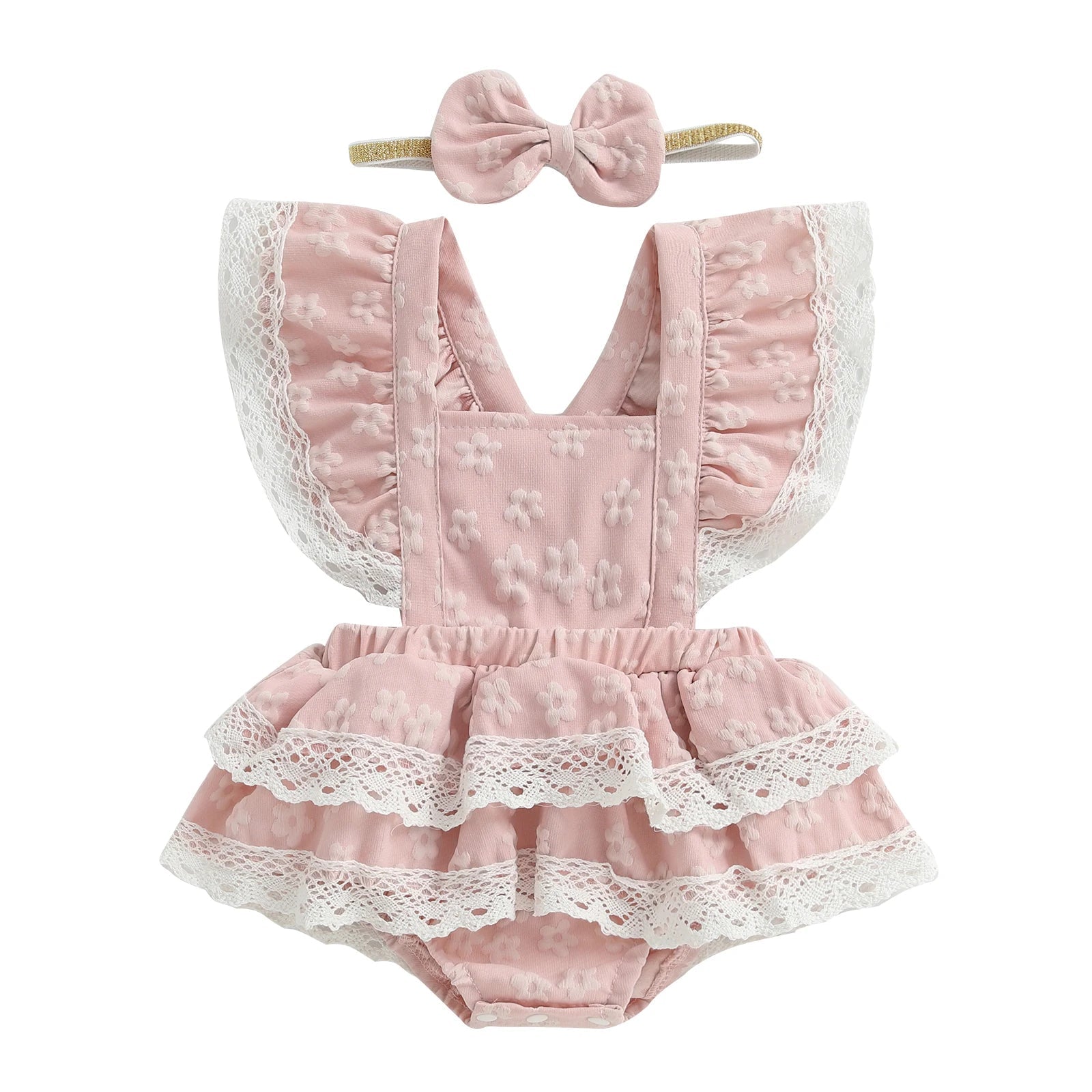 Toddler Girl Sleeveless Floral Print Romper Dress with Ruffle Hem and Matching Bow Headband for Summer Outfits - Clothesfassion.store