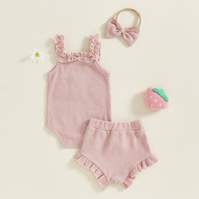 Toddler Girl Summer Outfits Watermelon Print Ruffle Sleeveless Romper Shorts Headband 3Pcs Clothing Set for Birthday Party - Clothesfassion.store