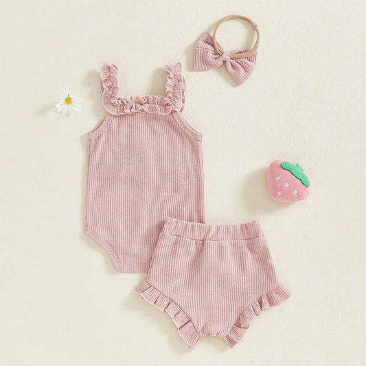 Toddler Girl Summer Outfits Watermelon Print Ruffle Sleeveless Romper Shorts Headband 3Pcs Clothing Set for Birthday Party - Clothesfassion.store