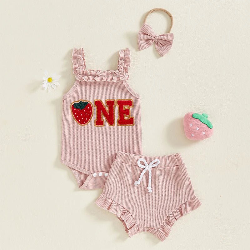 Toddler Girl Summer Outfits Watermelon Print Ruffle Sleeveless Romper Shorts Headband 3Pcs Clothing Set for Birthday Party - Clothesfassion.store