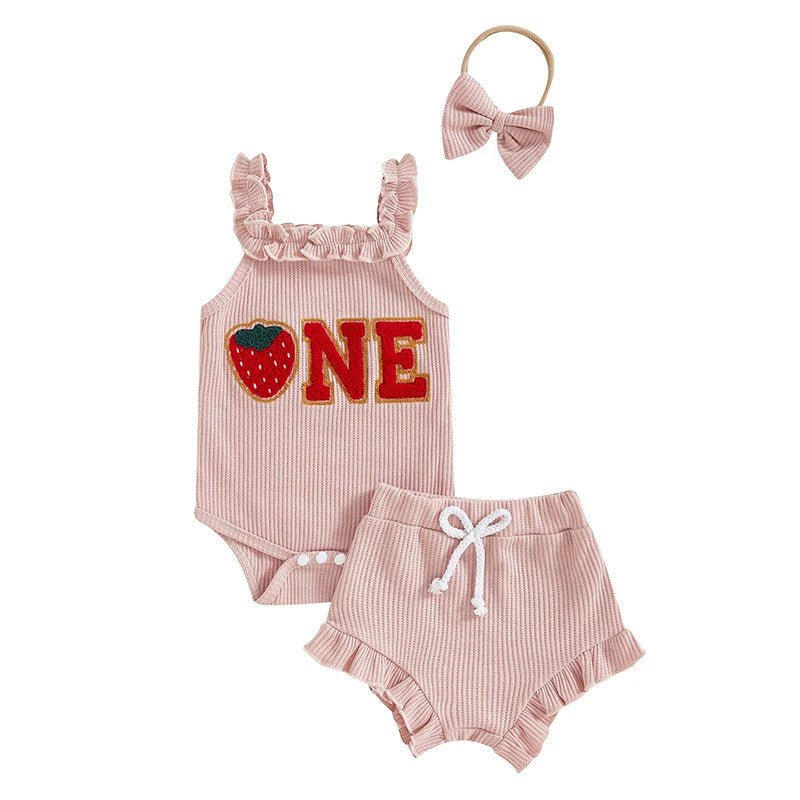 Toddler Girl Summer Outfits Watermelon Print Ruffle Sleeveless Romper Shorts Headband 3Pcs Clothing Set for Birthday Party - Clothesfassion.store