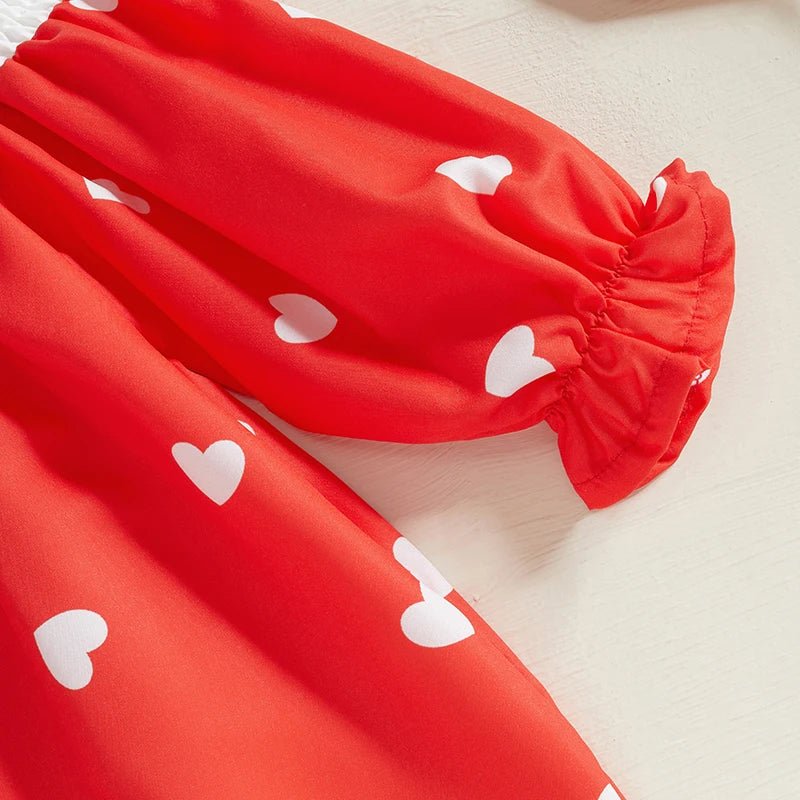 Toddler Girl Valentine’s Day Outfit Long Sleeve Round Neck Heart Print Dress with Matching Headband and Tights Set - Clothesfassion.store
