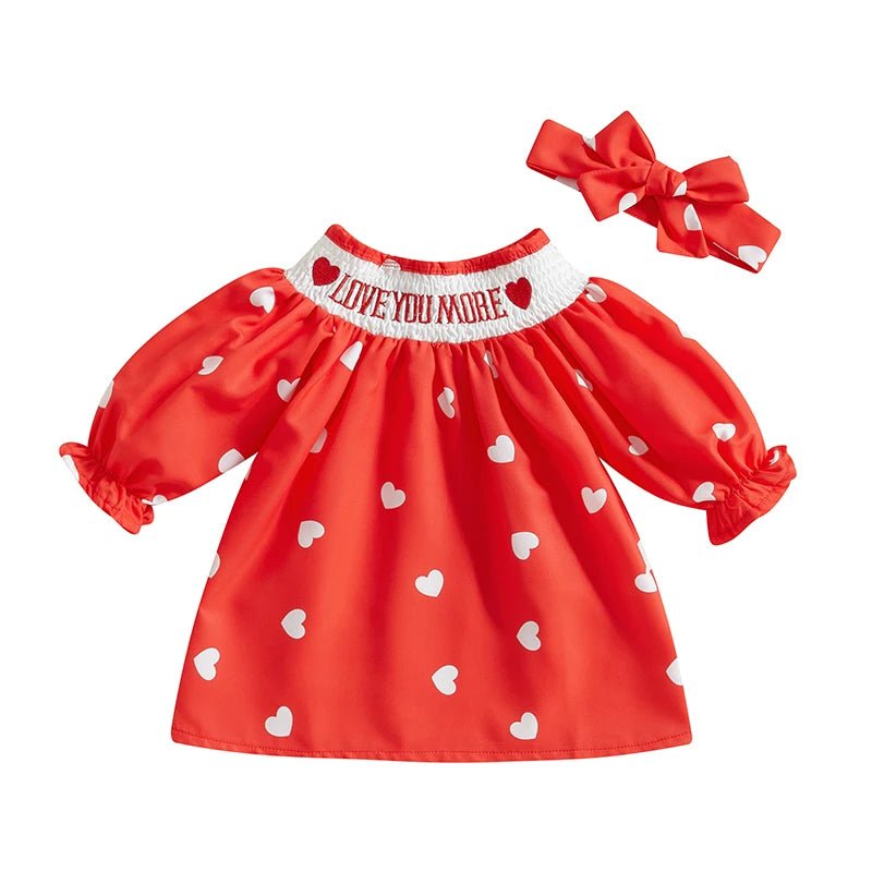 Toddler Girl Valentine’s Day Outfit Long Sleeve Round Neck Heart Print Dress with Matching Headband and Tights Set - Clothesfassion.store
