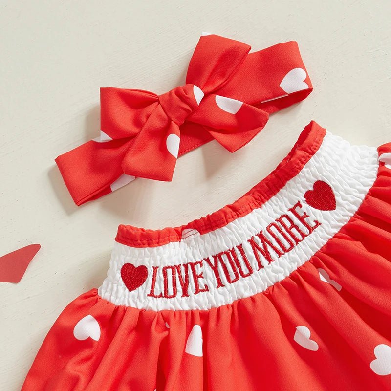 Toddler Girl Valentine’s Day Outfit Long Sleeve Round Neck Heart Print Dress with Matching Headband and Tights Set - Clothesfassion.store