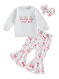 Toddler Girls Adorable Clothing Set with Cherry Embroidery Sweatshirt Bow Print Flared Pants and Matching Headband - 3 Piece - Clothesfassion.store