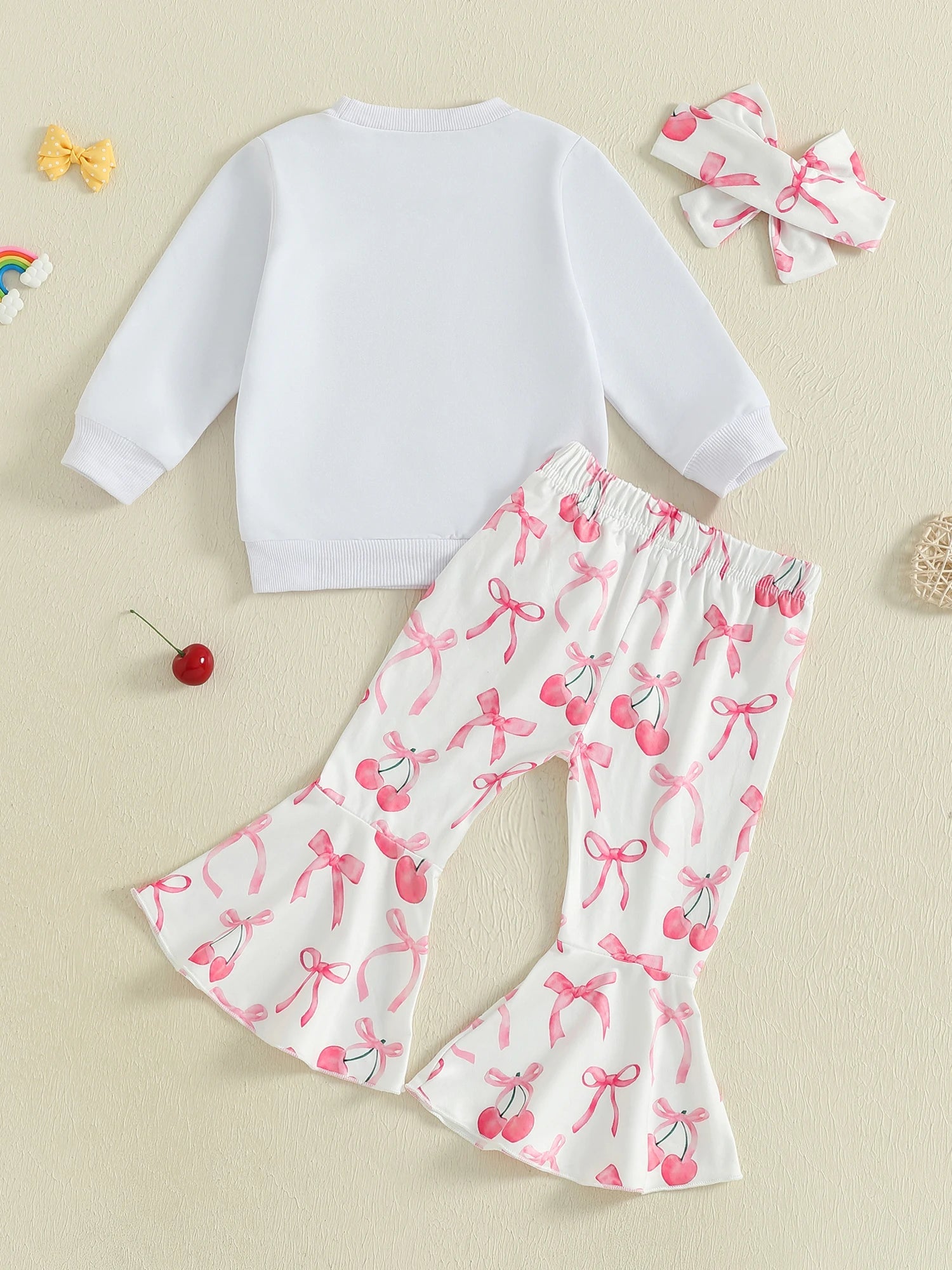 Toddler Girls Adorable Clothing Set with Cherry Embroidery Sweatshirt Bow Print Flared Pants and Matching Headband - 3 Piece - Clothesfassion.store