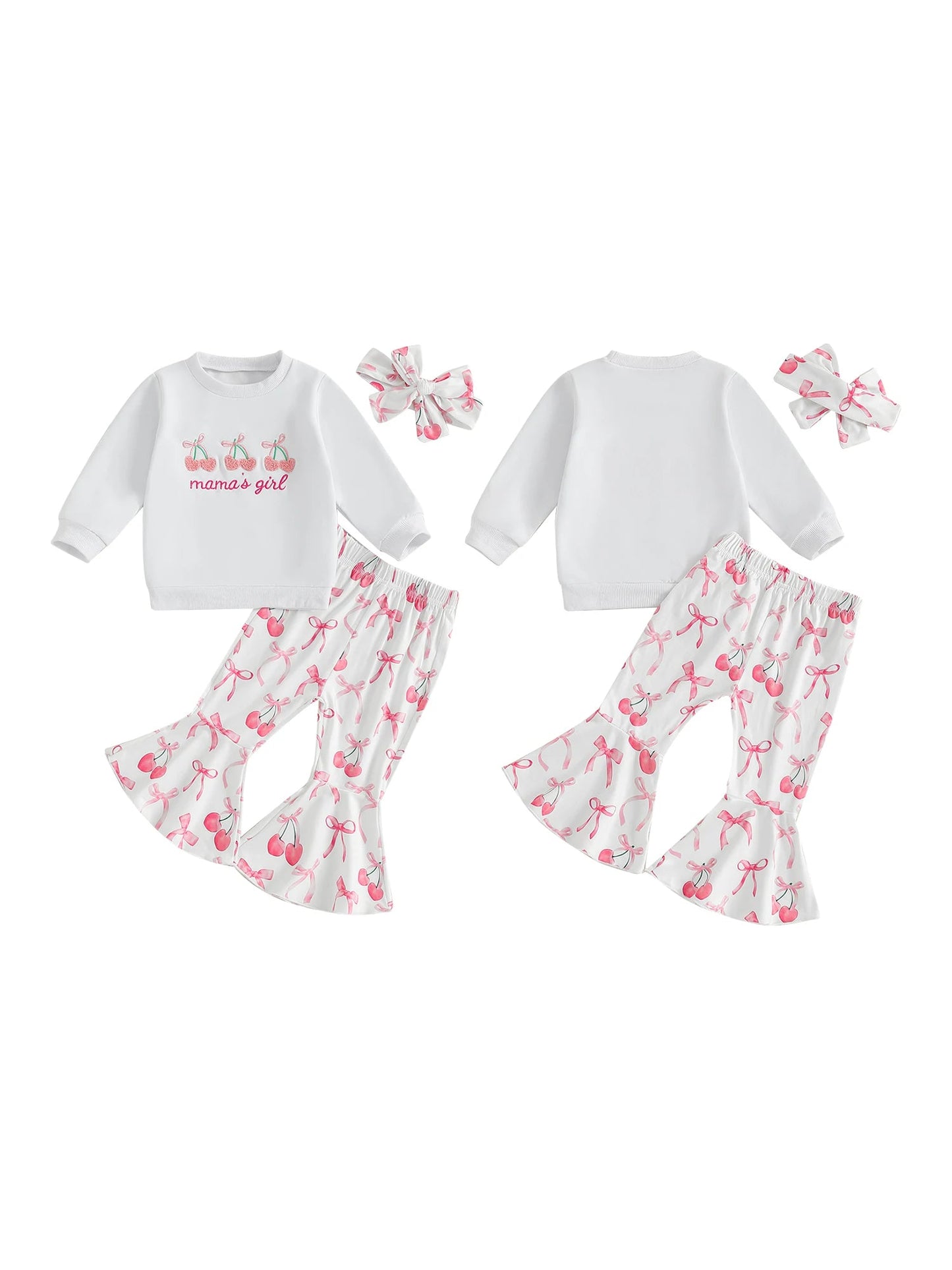 Toddler Girls Adorable Clothing Set with Cherry Embroidery Sweatshirt Bow Print Flared Pants and Matching Headband - 3 Piece - Clothesfassion.store