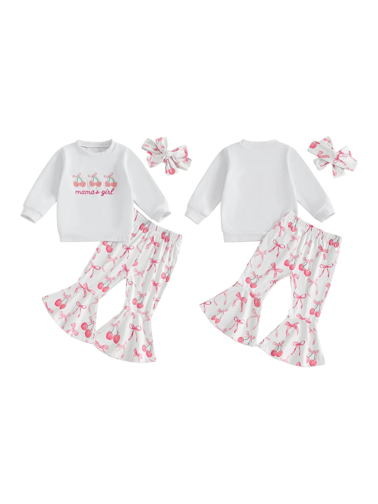 Toddler Girls Adorable Clothing Set with Cherry Embroidery Sweatshirt Bow Print Flared Pants and Matching Headband - 3 Piece - Clothesfassion.store