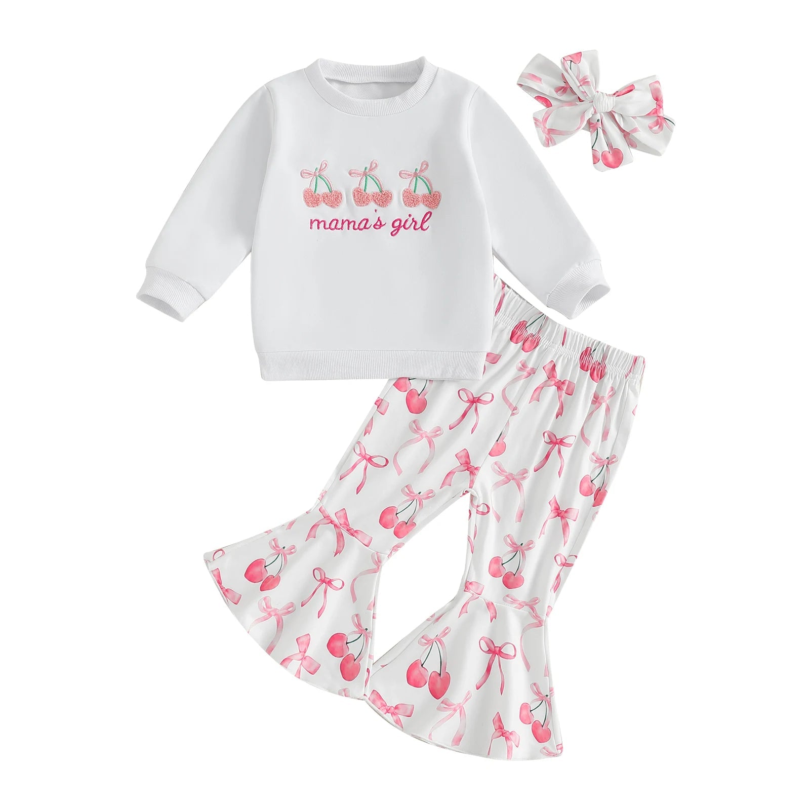 Toddler Girls Adorable Clothing Set with Cherry Embroidery Sweatshirt Bow Print Flared Pants and Matching Headband - 3 Piece - Clothesfassion.store
