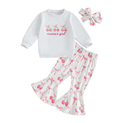 Toddler Girls Adorable Clothing Set with Cherry Embroidery Sweatshirt Bow Print Flared Pants and Matching Headband - 3 Piece - Clothesfassion.store