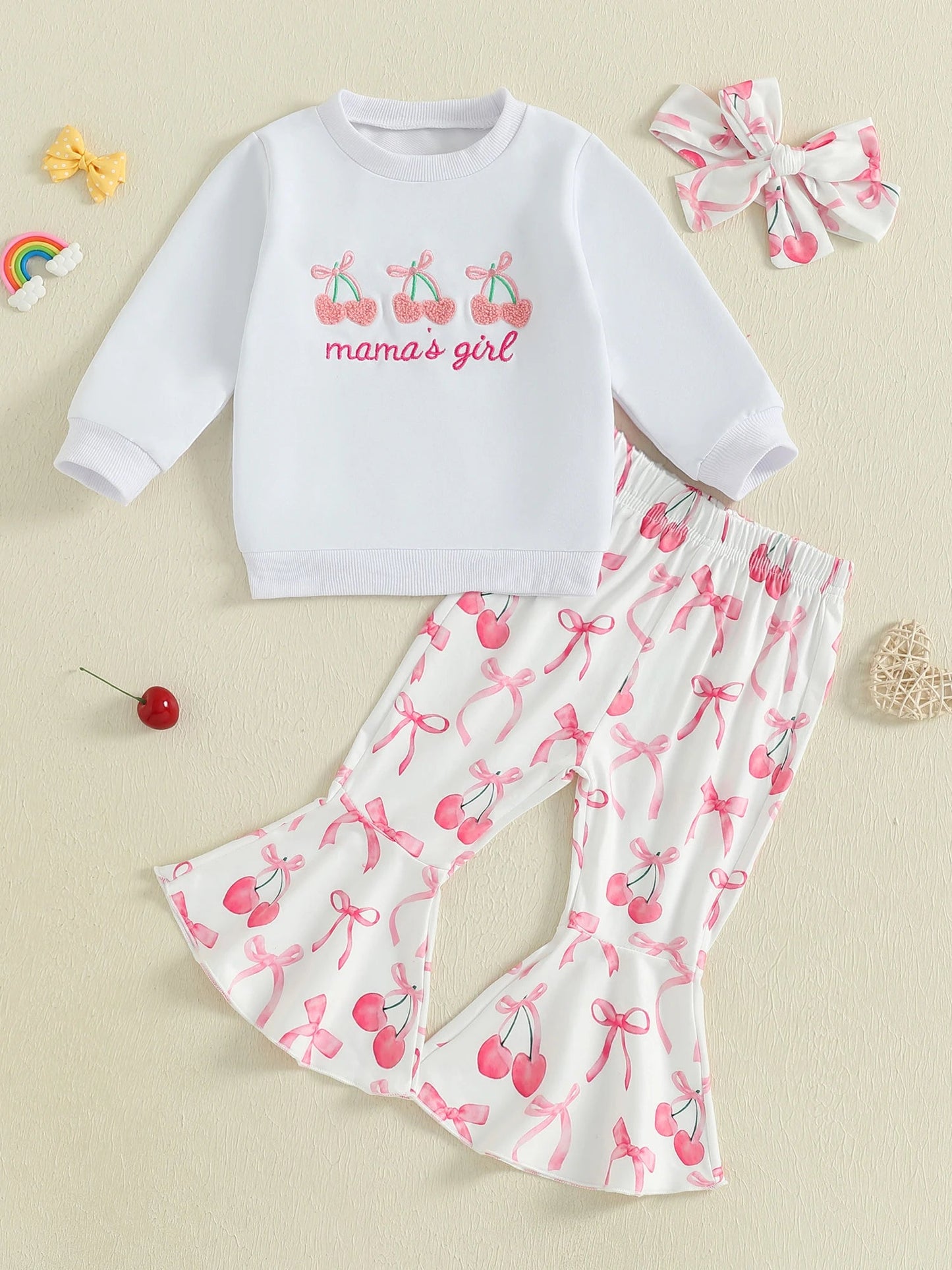 Toddler Girls Adorable Clothing Set with Cherry Embroidery Sweatshirt Bow Print Flared Pants and Matching Headband - 3 Piece - Clothesfassion.store