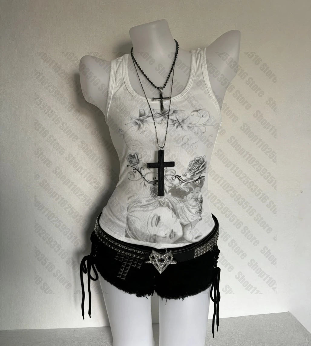 Top Women Tops 90s Vintage Clothes Women's Tanks & Camis 2000s Y2k Tops With Suspenders Crop Top Woman Emo Aesthetic Clothing - Clothesfassion.store