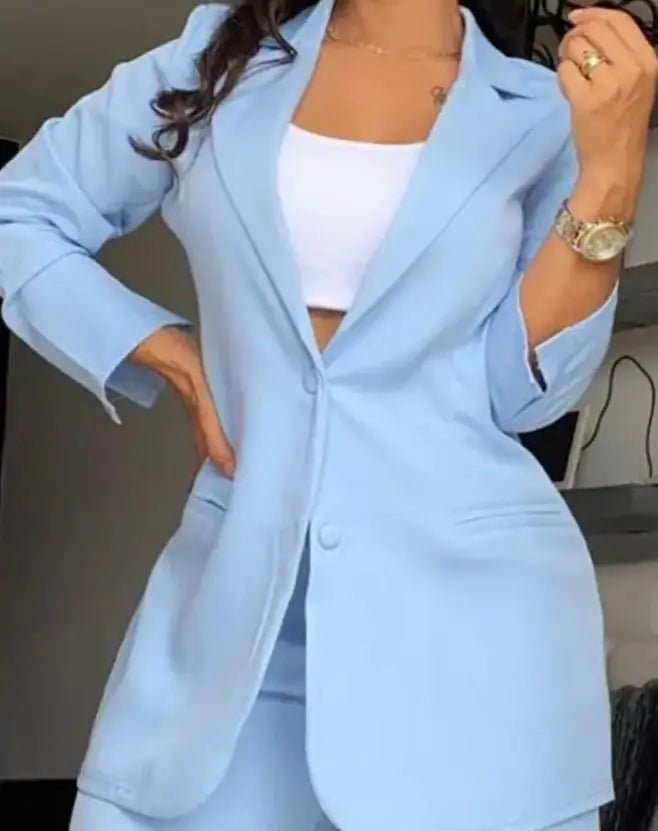 Two Pieces Set for Women Autumn 2024 New Fashion Casual Solid Daily Commuter Notched Collar Blazer Coat&pocket Design Pants Set - Clothesfassion.store