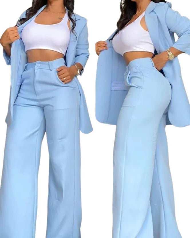 Two Pieces Set for Women Autumn 2024 New Fashion Casual Solid Daily Commuter Notched Collar Blazer Coat&pocket Design Pants Set - Clothesfassion.store