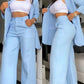 Two Pieces Set for Women Autumn 2024 New Fashion Casual Solid Daily Commuter Notched Collar Blazer Coat&pocket Design Pants Set - Clothesfassion.store