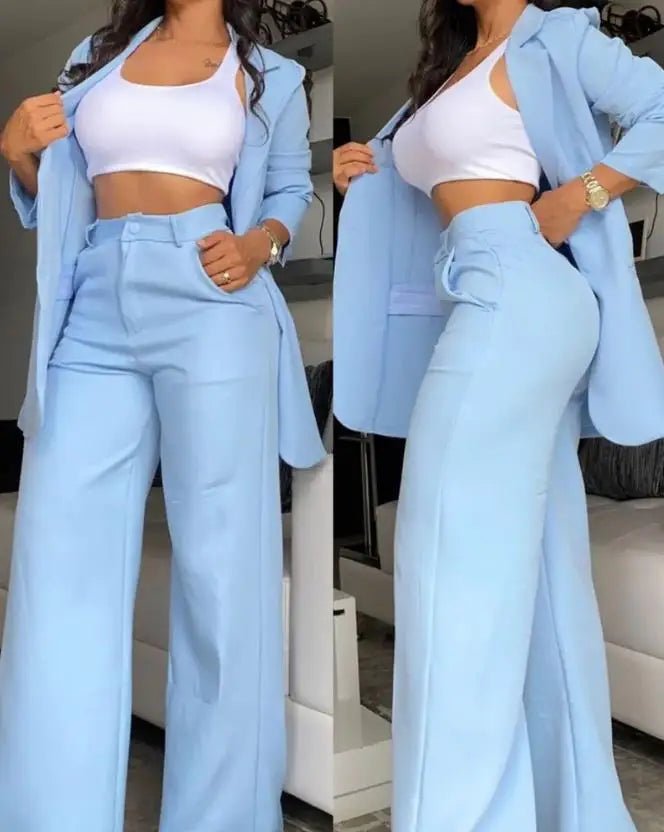 Two Pieces Set for Women Autumn 2024 New Fashion Casual Solid Daily Commuter Notched Collar Blazer Coat&pocket Design Pants Set - Clothesfassion.store
