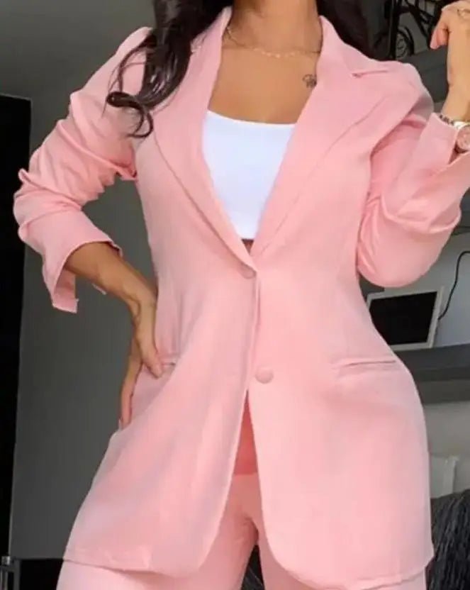 Two Pieces Set for Women Autumn 2024 New Fashion Casual Solid Daily Commuter Notched Collar Blazer Coat&pocket Design Pants Set - Clothesfassion.store