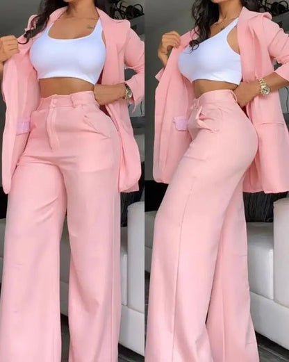 Two Pieces Set for Women Autumn 2024 New Fashion Casual Solid Daily Commuter Notched Collar Blazer Coat&pocket Design Pants Set - Clothesfassion.store