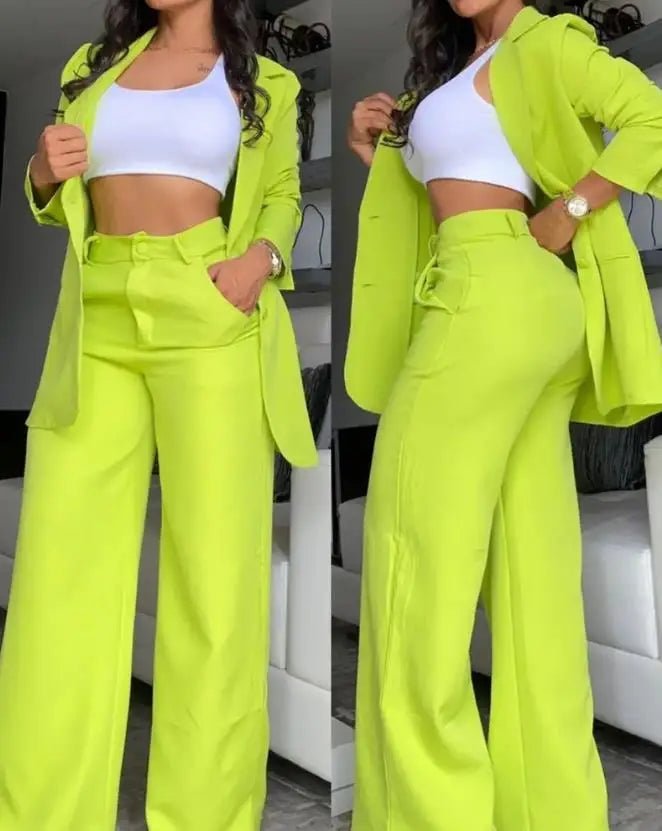Two Pieces Set for Women Autumn 2024 New Fashion Casual Solid Daily Commuter Notched Collar Blazer Coat&pocket Design Pants Set - Clothesfassion.store