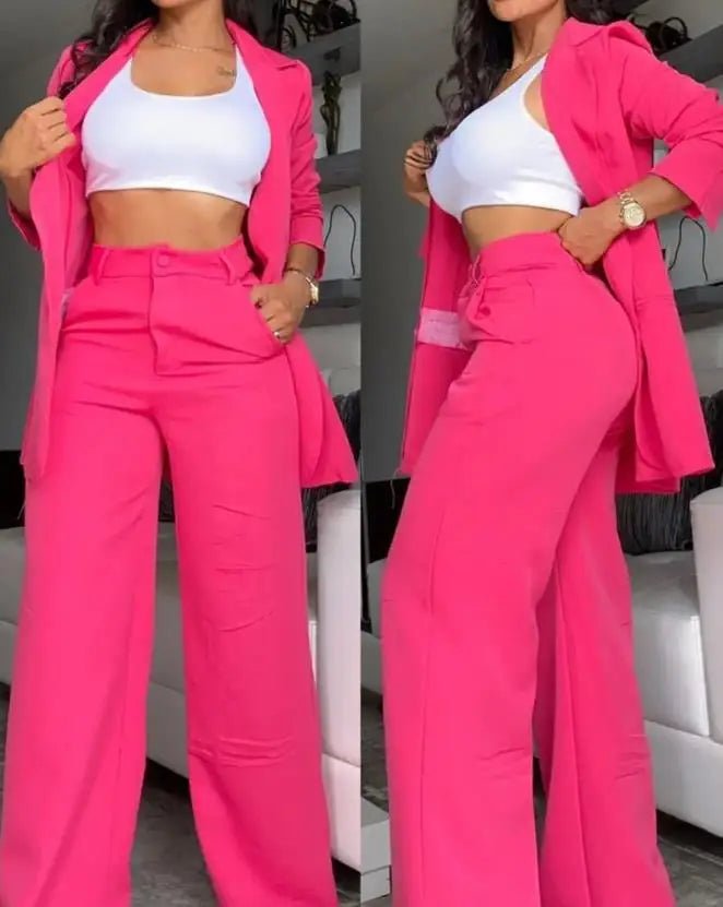 Two Pieces Set for Women Autumn 2024 New Fashion Casual Solid Daily Commuter Notched Collar Blazer Coat&pocket Design Pants Set - Clothesfassion.store